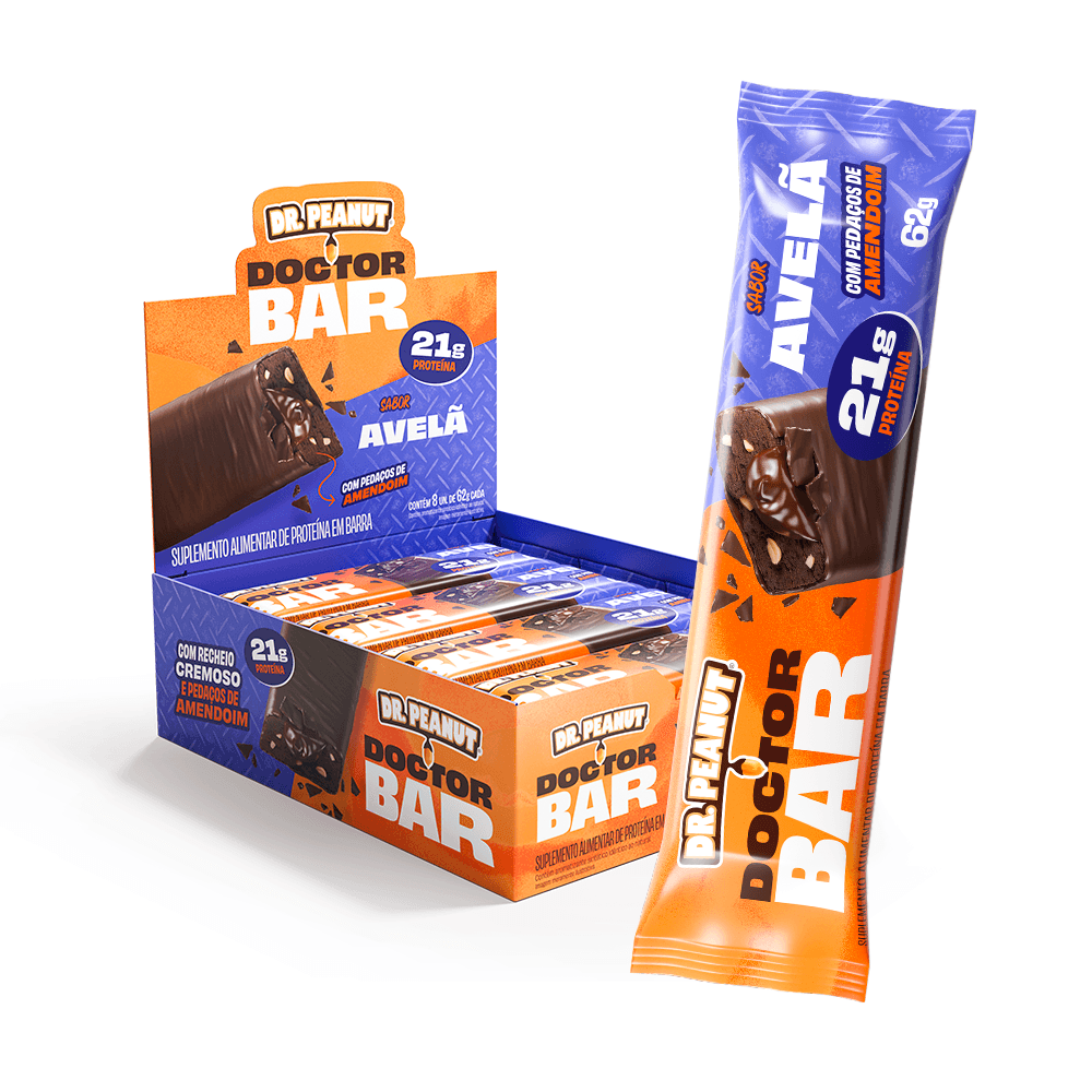 Display Barra de Proteína Doctor Bar Sabor Avelã 62g - 8 un 554g