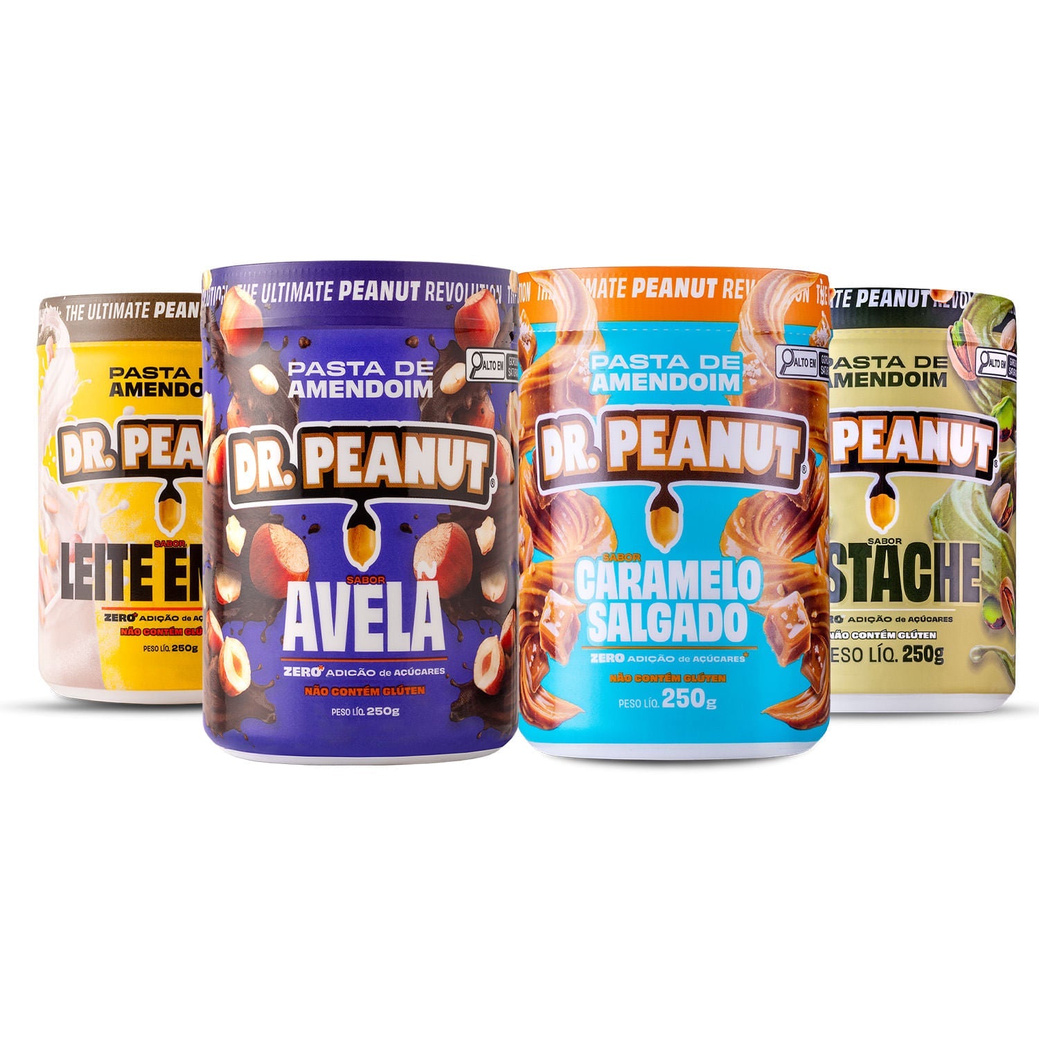 Combo Glow - 4 pastas 250g sabor Avelã, Leite em Pó, Caramelo Salgado, Pistache